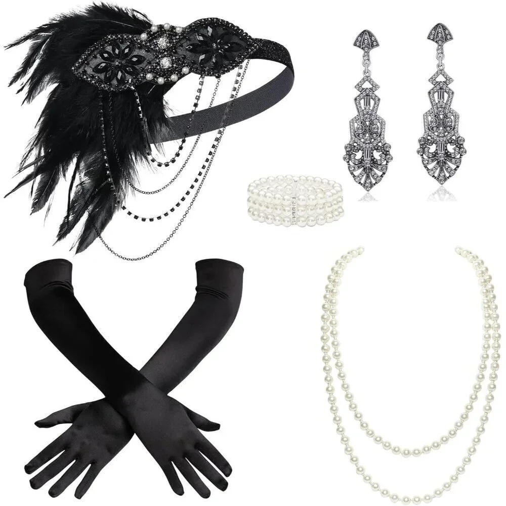 1920s Flapper Accessories Vintage Costume Party Set Feathers Pearl Gloves